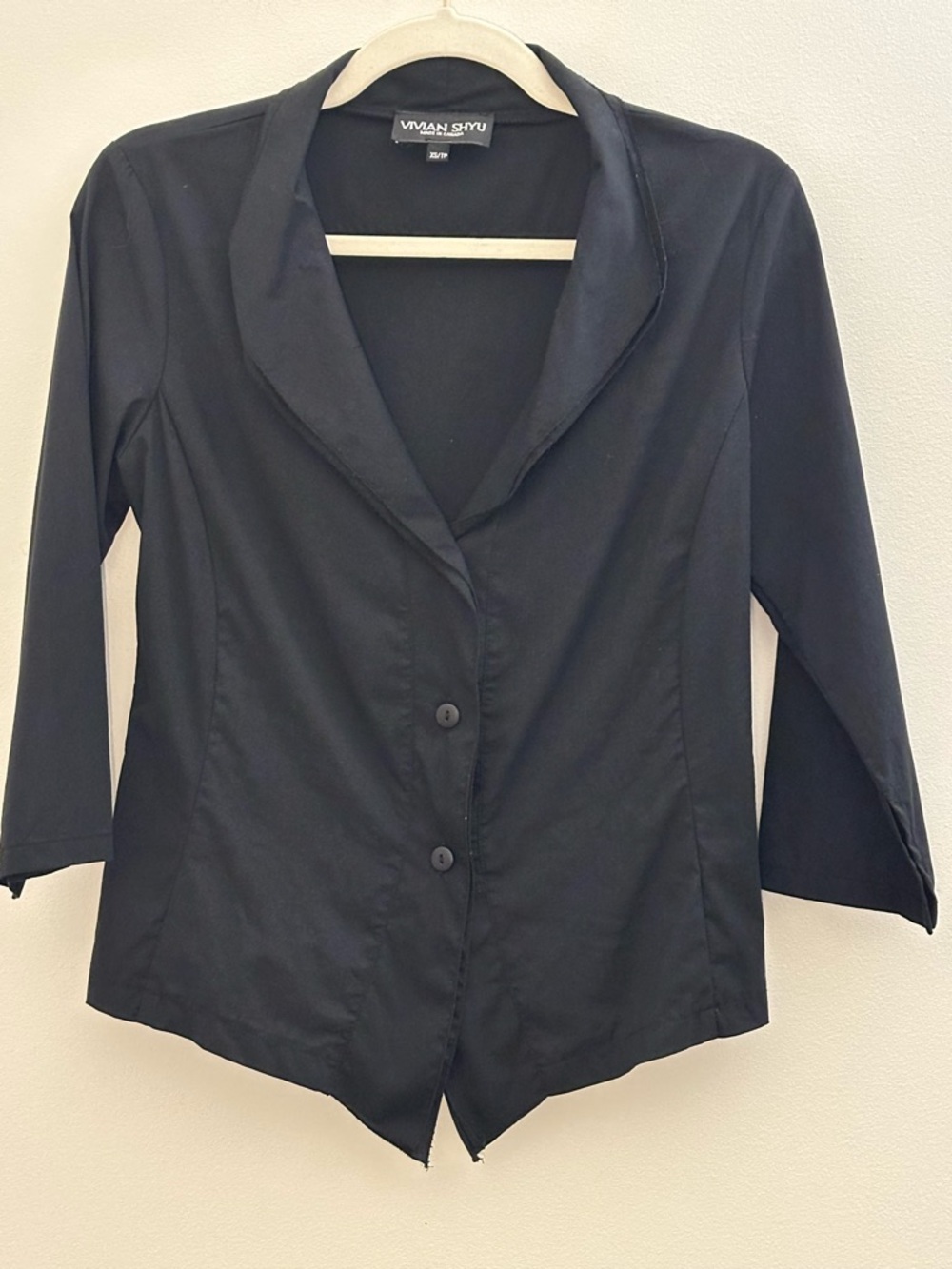 Vivian Shyu Black Draped Collar Blazer Blouse 3/4 Sleeve Made in Canada XS